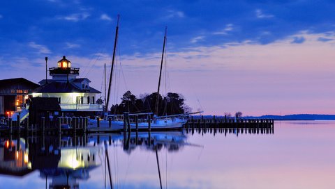 Обои вечер, закат, маяк, сша, синее, сиреневое, the evening, sunset, lighthouse, usa, blue, lilac разрешение 1920x1200 Загрузить