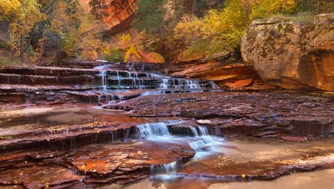 Обои деревья, горы, скалы, ручей, водопад, сша, юта, zion national par, trees, mountains, rocks, stream, waterfall, usa, utah разрешение 2048x1365 Загрузить