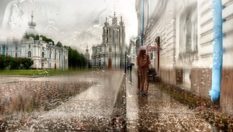 Обои девушка, капли, плащ, дождь, зонт, санкт-петербург, girl, drops, cloak, rain, umbrella, saint petersburg разрешение 2048x1357 Загрузить