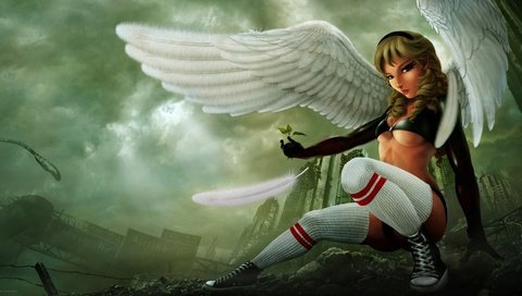 Обои девушка, крылья, кеды, ангел, перо, julio grimaldo, girl, wings, sneakers, angel, pen разрешение 1953x1080 Загрузить