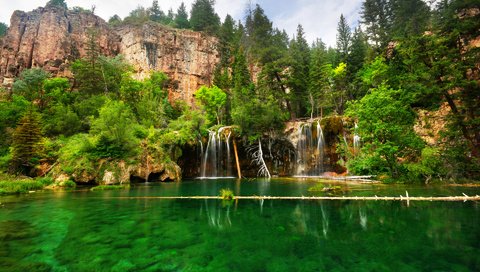 Обои деревья, озеро, скалы, пейзаж, водопад, trees, lake, rocks, landscape, waterfall разрешение 1920x1200 Загрузить