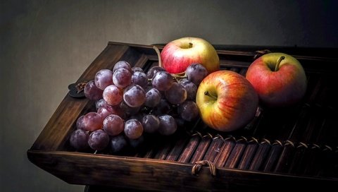 Обои виноград, фрукты, яблоки, натюрморт, grapes, fruit, apples, still life разрешение 2560x1696 Загрузить