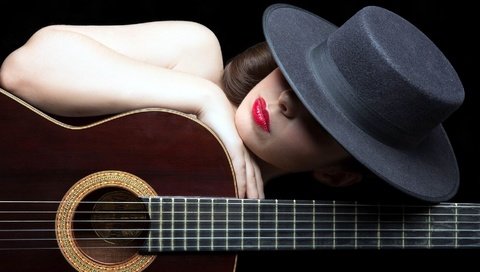 Обои девушка, гитара, шляпа, girl, guitar, hat разрешение 1920x1080 Загрузить