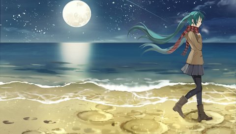 Обои арт, ночь, берег, девушка, аниме, kari kenji, мику хацунэ, art, night, shore, girl, anime, hatsune miku разрешение 1956x1174 Загрузить