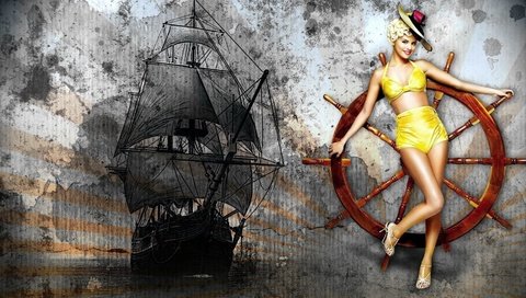 Обои девушка, корабль, штурвал, girl, ship, the wheel разрешение 1920x1080 Загрузить