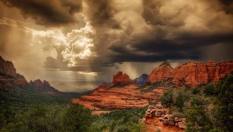 Обои небо, свет, облака, деревья, скалы, каньон, дождь, the sky, light, clouds, trees, rocks, canyon, rain разрешение 1920x1200 Загрузить