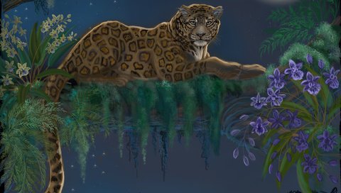 Обои арт, дерево, взгляд, леопард, хищник, животное, хвост, art, tree, look, leopard, predator, animal, tail разрешение 2560x1600 Загрузить