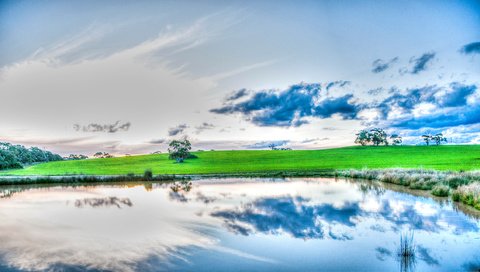 Обои небо, трава, облака, деревья, озеро, отражение, the sky, grass, clouds, trees, lake, reflection разрешение 2560x1440 Загрузить