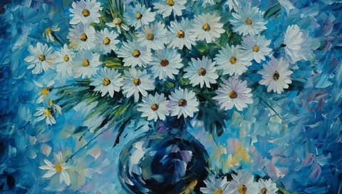 Обои цветы, ромашки, букет, ваза, живопись, leonid afremov, flowers, chamomile, bouquet, vase, painting разрешение 2248x1812 Загрузить