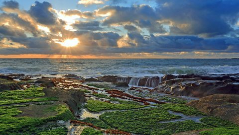 Обои облака, природа, камни, берег, закат, тихий океан, clouds, nature, stones, shore, sunset, the pacific ocean разрешение 2560x1600 Загрузить