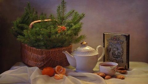 Обои елка, настроение, корзина, чай, печенье, мандарины, tree, mood, basket, tea, cookies, tangerines разрешение 2100x1285 Загрузить