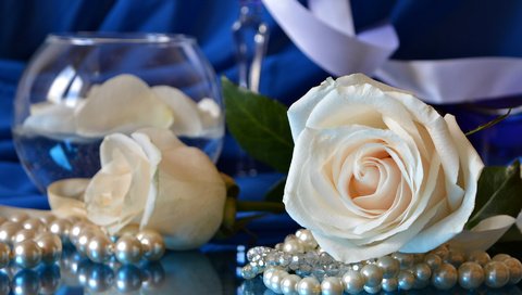 Обои бутоны, розы, белые, ваза, ожерелье, бусины, buds, roses, white, vase, necklace, beads разрешение 1920x1355 Загрузить