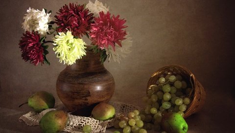 Обои текстура, виноград, букет, кувшин, груши, астры, texture, grapes, bouquet, pitcher, pear, asters разрешение 2000x1320 Загрузить