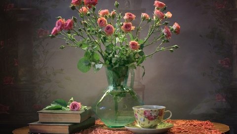 Обои текстура, розы, книги, букет, чашка, чай, texture, roses, books, bouquet, cup, tea разрешение 1920x1260 Загрузить