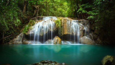 Обои деревья, вода, камни, водопад, поток, trees, water, stones, waterfall, stream разрешение 2048x1365 Загрузить