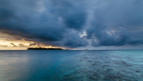 Обои закат, океан, остров, риф, kihaad, мальдивские о-ва, sunset, the ocean, island, reef, maldives разрешение 3360x2100 Загрузить