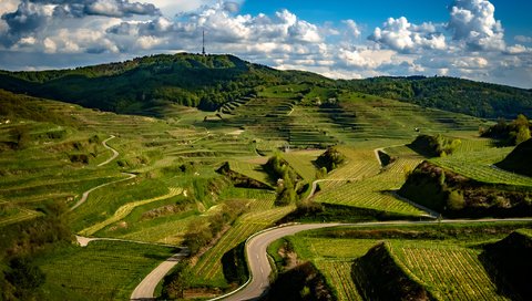 Обои дорога, облака, холмы, зелень, поля, плантации, германия, kaiserstuhl hills, road, clouds, hills, greens, field, plantation, germany разрешение 2048x1365 Загрузить