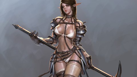 Обои арт, оружие, эротика, youngmin suh, эльфийка. взгляд, art, weapons, erotic, elf. look разрешение 1920x1221 Загрузить