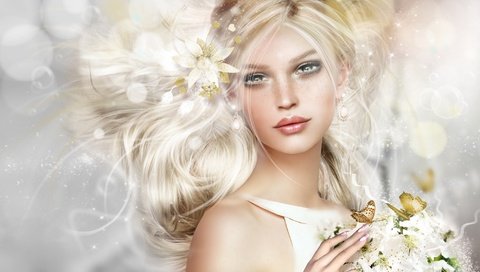 Обои цветы, девушка, блондинка, портрет, бабочка, flowers, girl, blonde, portrait, butterfly разрешение 1995x1170 Загрузить