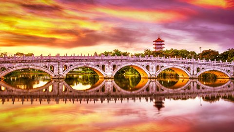 Обои закат, отражение, мост, водоем, сингапур, китайский сад, sunset, reflection, bridge, pond, singapore, chinese garden разрешение 2048x1366 Загрузить