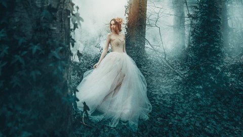 Обои деревья, лес, девушка, платье, туман, принцесса, плющ, trees, forest, girl, dress, fog, princess, ivy разрешение 2048x1152 Загрузить