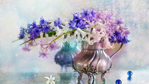 Обои цветы, вода, капли, шарики, ваза, гиацинты, flowers, water, drops, balls, vase, hyacinths разрешение 2048x1423 Загрузить