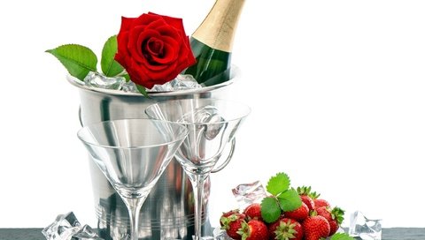 Обои роза, клубника, романтика, бокалы, шампанское, rose, strawberry, romance, glasses, champagne разрешение 2560x2400 Загрузить