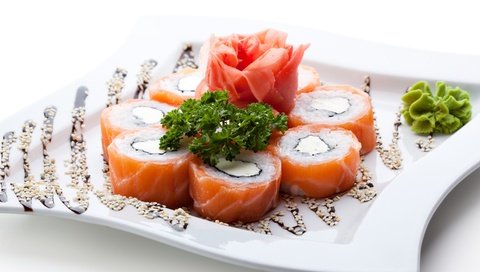 Обои рыба, суши, роллы, морепродукты, васаби, имбирь, seafoods, fish, sushi, rolls, seafood, wasabi, ginger разрешение 2880x1920 Загрузить