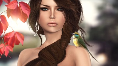 Обои девушка, брюнетка, птица, волосы, щурка, girl, brunette, bird, hair, schurka разрешение 2665x1705 Загрузить