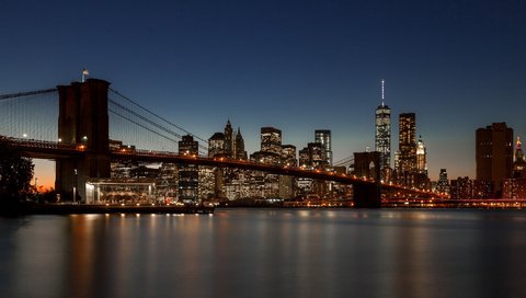Обои ночь, огни, отражение, горизонт, зеркало, нью-йорк, соединённые штаты, бруклинский мост, night, lights, reflection, horizon, mirror, new york, united states, brooklyn bridge разрешение 2048x1271 Загрузить