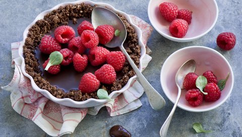 Обои малина, ягоды, шоколад, сладкое, десерт, пирог, ложки, chocolate tart, raspberry, berries, chocolate, sweet, dessert, pie, spoon разрешение 2000x1331 Загрузить