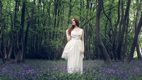 Обои цветы, лес, волосы, женщина, белое платье, flowers, forest, hair, woman, white dress разрешение 1943x1365 Загрузить