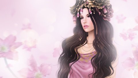 Обои цветы, украшения, девушка, брюнетка, волосы, flowers, decoration, girl, brunette, hair разрешение 2048x1330 Загрузить