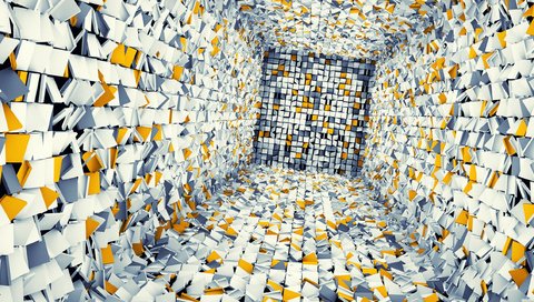 Обои абстракция, фантазия, квадраты, белые, желтые, хаос, плитки, abstraction, fantasy, squares, white, yellow, chaos, tiles разрешение 2560x1440 Загрузить