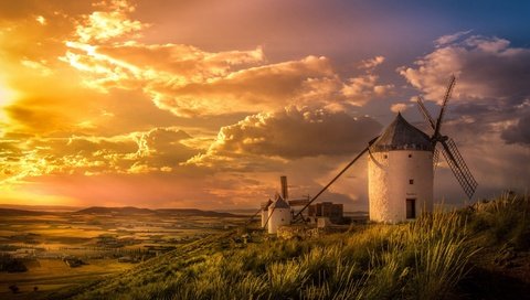 Обои небо, трава, закат, долина, испания, ветряная мельница, the sky, grass, sunset, valley, spain, windmill разрешение 3000x1688 Загрузить