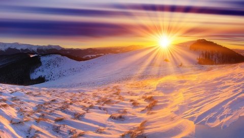 Обои горы, солнце, снег, зима, рассвет, mountains, the sun, snow, winter, dawn разрешение 1920x1080 Загрузить