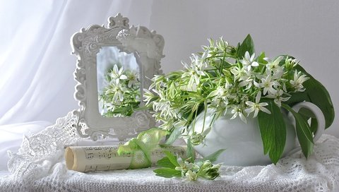 Обои цветы, ноты, зеркало, белые, нежность, натюрморт, flowers, notes, mirror, white, tenderness, still life разрешение 2000x1270 Загрузить