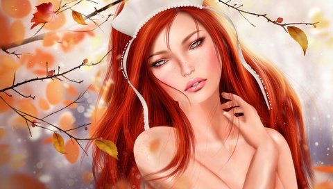 Обои листья, девушка, осень, рыжая, leaves, girl, autumn, red разрешение 3000x1804 Загрузить