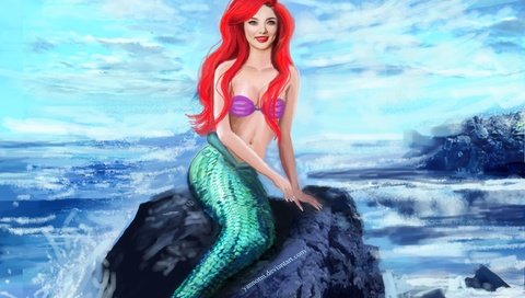 Обои красные волосы, арт, море, улыбка, взгляд, сидит, хвост, чешуя, русалка, red hair, art, sea, smile, look, sitting, tail, scales, mermaid разрешение 2495x1664 Загрузить