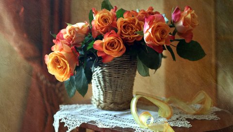 Обои текстура, розы, букет, корзина, лента, салфетка, texture, roses, bouquet, basket, tape, napkin разрешение 1920x1252 Загрузить