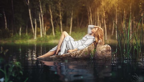 Обои арт, вода, природа, девушка, поза, блондинка, лежит, профиль, art, water, nature, girl, pose, blonde, lies, profile разрешение 1920x1200 Загрузить