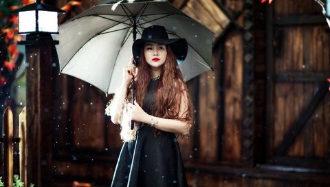 Обои девушка, зонт, шляпа, азиатка, girl, umbrella, hat, asian разрешение 2048x1270 Загрузить