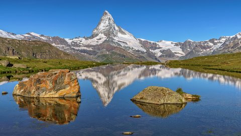 Обои озеро, горы, природа, отражение, пейзаж, альпы, маттерхорн, lake, mountains, nature, reflection, landscape, alps, matterhorn разрешение 1920x1200 Загрузить