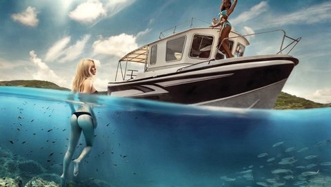 Обои фото, море, рыбки, девушки, яхта, коллаж, photo, sea, fish, girls, yacht, collage разрешение 1926x1284 Загрузить