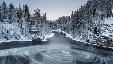 Обои река, природа, лес, зима, финляндия, myllykoski, kuusamo, river, nature, forest, winter, finland разрешение 5472x3648 Загрузить