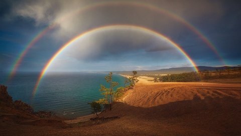 Обои деревья, природа, зелень, море, пляж, радуга, царство, trees, nature, greens, sea, beach, rainbow, kingdom разрешение 1920x1200 Загрузить