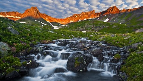 Обои трава, река, горы, природа, сша, колорадо, горный ручей, горы сан-хуан, grass, river, mountains, nature, usa, colorado, mountain stream, mountains san juan разрешение 1920x1080 Загрузить