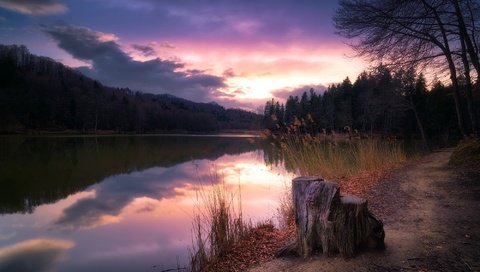 Обои деревья, озеро, закат, пень, trees, lake, sunset, stump разрешение 2000x1235 Загрузить