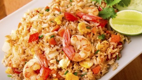 Обои зелень, лайм, рис, морепродукты, креветки, ризотто, greens, lime, figure, seafood, shrimp, risotto разрешение 1920x1279 Загрузить