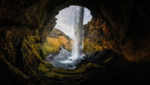 Обои скалы, водопад, пещера, исландия, northern cave, сельяландсфосс, водопад сельяландсфосс, rocks, waterfall, cave, iceland, seljalandsfoss, seljalandsfoss waterfall разрешение 2499x1199 Загрузить